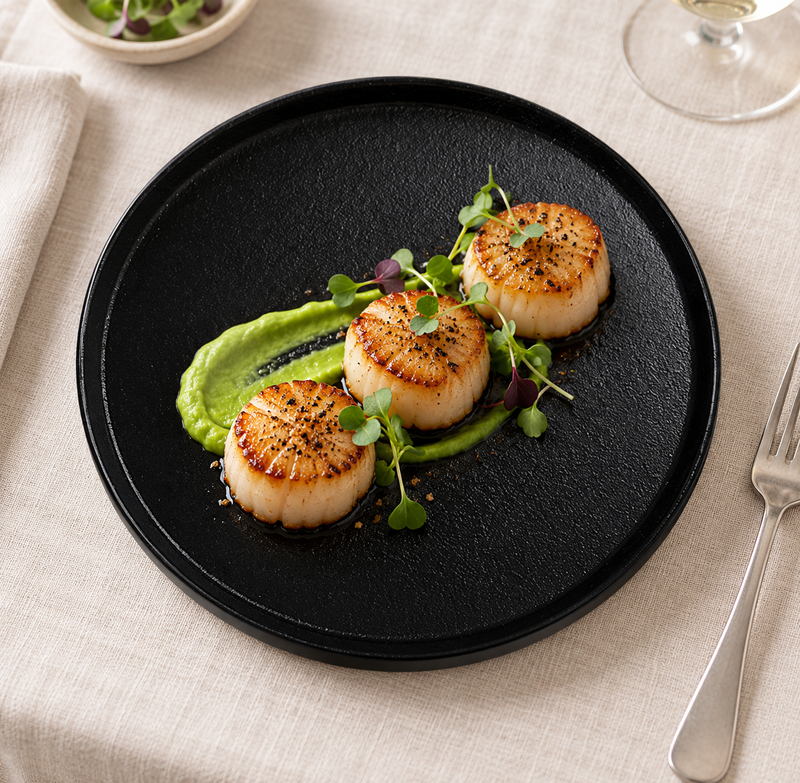 8″ Textured Black Porcelain Stackable Round Plate with a composed starter; table accessories shown separately