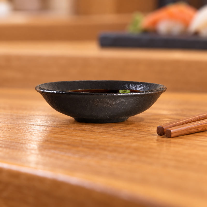 3¾-inch black ceramic shallow dish holding soy dipping sauce beside chopsticks