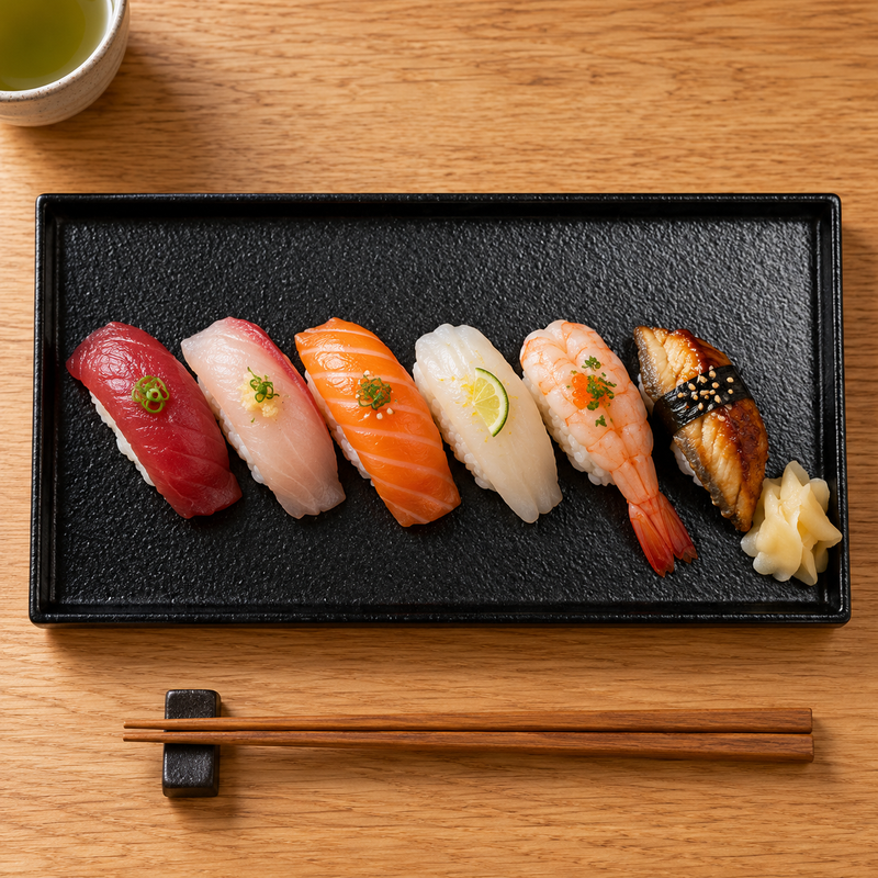 11¾″ × 6½″ Textured Black Ceramic Stackable Rectangular Plate with a sushi presentation; table accessories shown separately