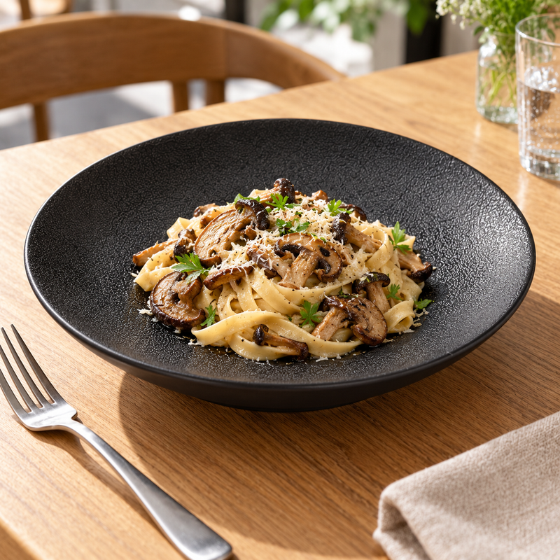 10½″ Textured Black Ceramic Deep Coupe Plate — 42 oz with mushroom pasta; table accessories shown separately