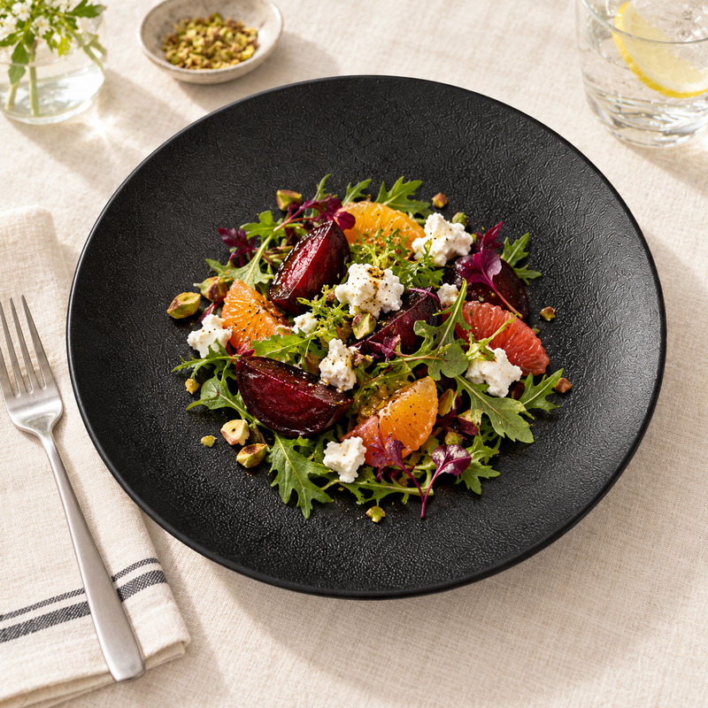 10½″ Textured Black Ceramic Deep Coupe Plate — 42 oz with a composed salad; table accessories shown separately