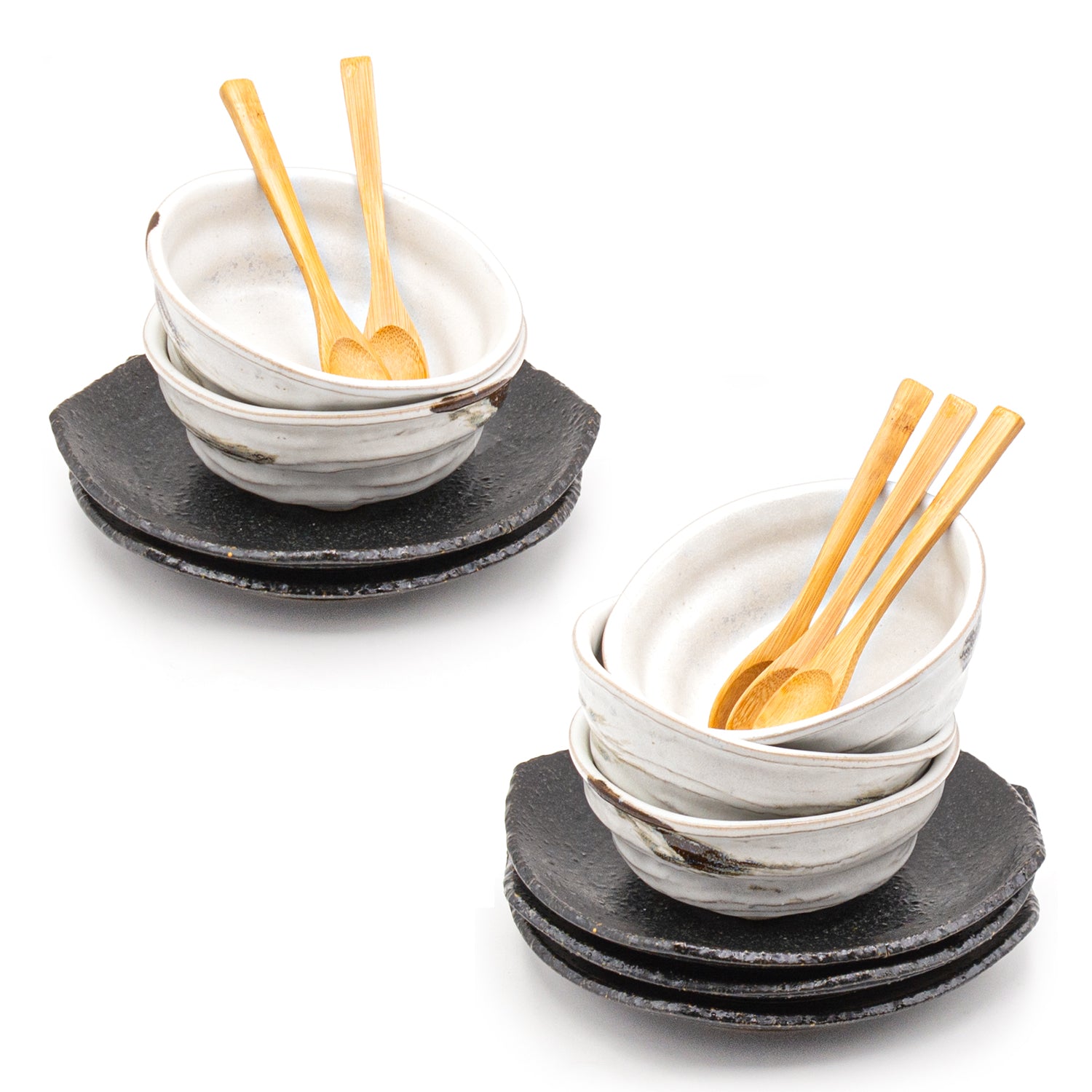 Japanese Dessert Bowl Set With Spoon 5pc - Bowl : 4.65"D x 2"H / Plate :  6.25"D x 2"H / Spoon : 5.25"L