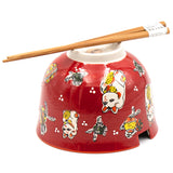 Lucky Cat Bowl With Chopsticks, Red - 18fl. oz. / 5"D x 3.75"H