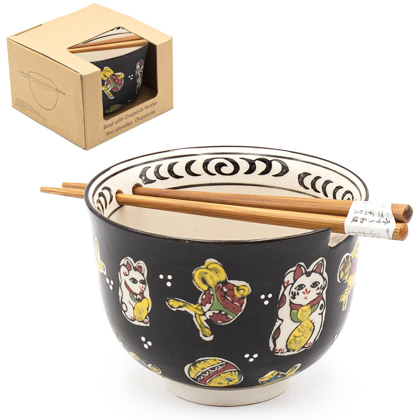 Lucky Cat Bowl With Chopsticks - 18fl. oz. / 5"D x 3.75"H