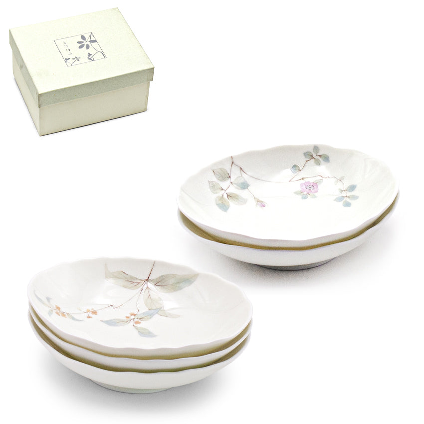 Japanese Floral Leaf Pattern Ceramic Bowl Set 5pc - 6.5"L x 5.25"W x 1.35"H