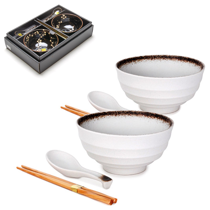 Ceramic Bowl With Chopsticks 6pc Set 2:2:2 - Bowl : 6.5"D x 3.35"H / Spoon : 5.75"L / Chopsticks : 9"L