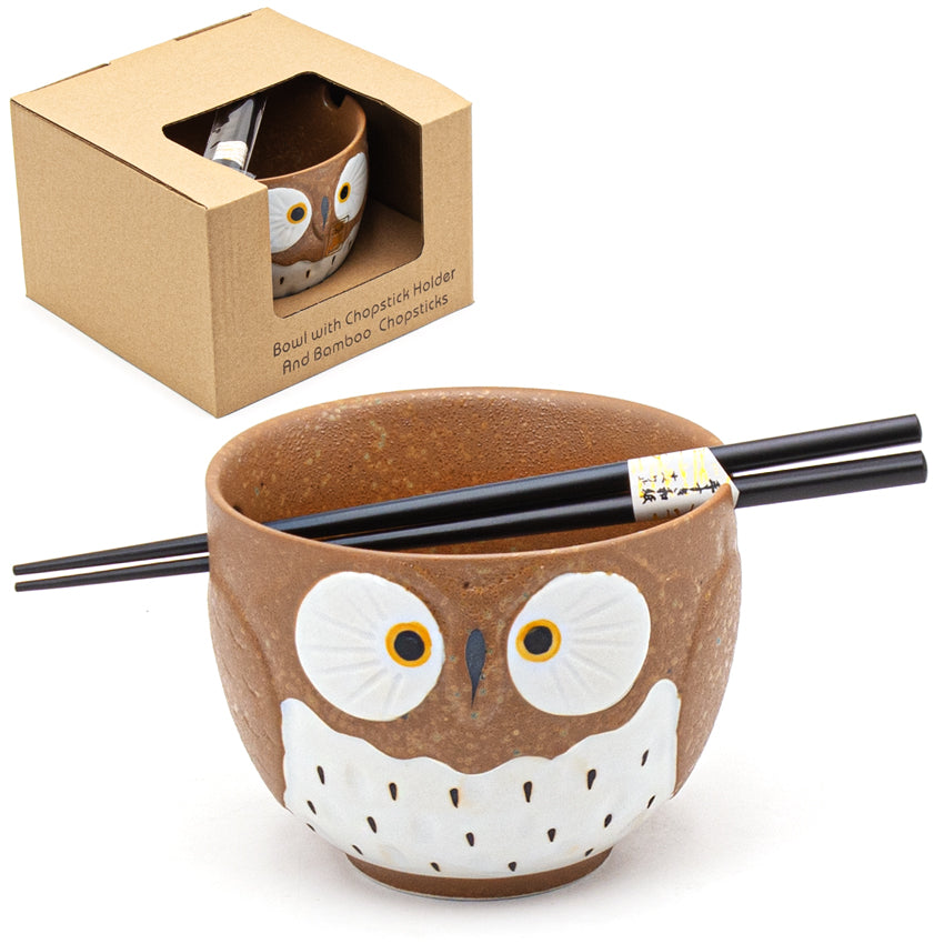 Owl Bowl With/Chopsticks-18 fl. oz. / 5"D x 4"H/Chopsticks 8.85"L