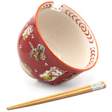 Lucky Cat Bowl With Chopsticks, Red - 18fl. oz. / 5"D x 3.75"H