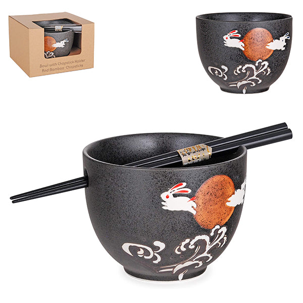 BOWL W/CHOPSTICK 5"D x 3.75"H Moon Rabbit
