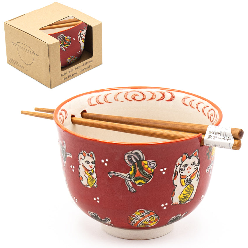 Lucky Cat Bowl With Chopsticks, Red - 18fl. oz. / 5"D x 3.75"H