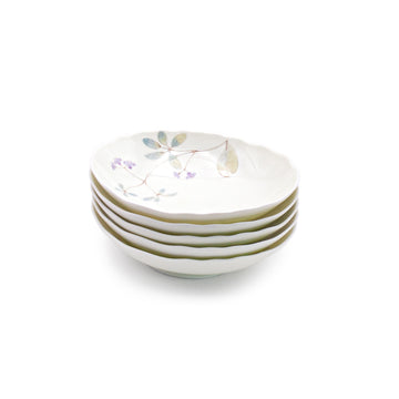 Japanese Floral Leaf Pattern Ceramic Bowl Set 5pc - 6.5"L x 5.25"W x 1.35"H