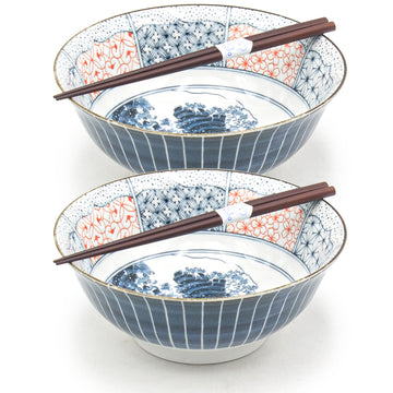Japanese Bowl With Chopsticks Set for 2, The Great Wave off Kanagawa 8.15"D x 3.25"H /