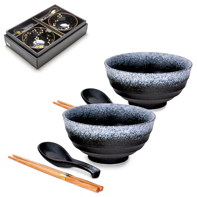Ceramic Bowl With Chopsticks 6pc Set 2:2:2 - Bowl : 6.5"D x 3.35"H / Spoon : 5.75"L / Chopsticks : 9"L