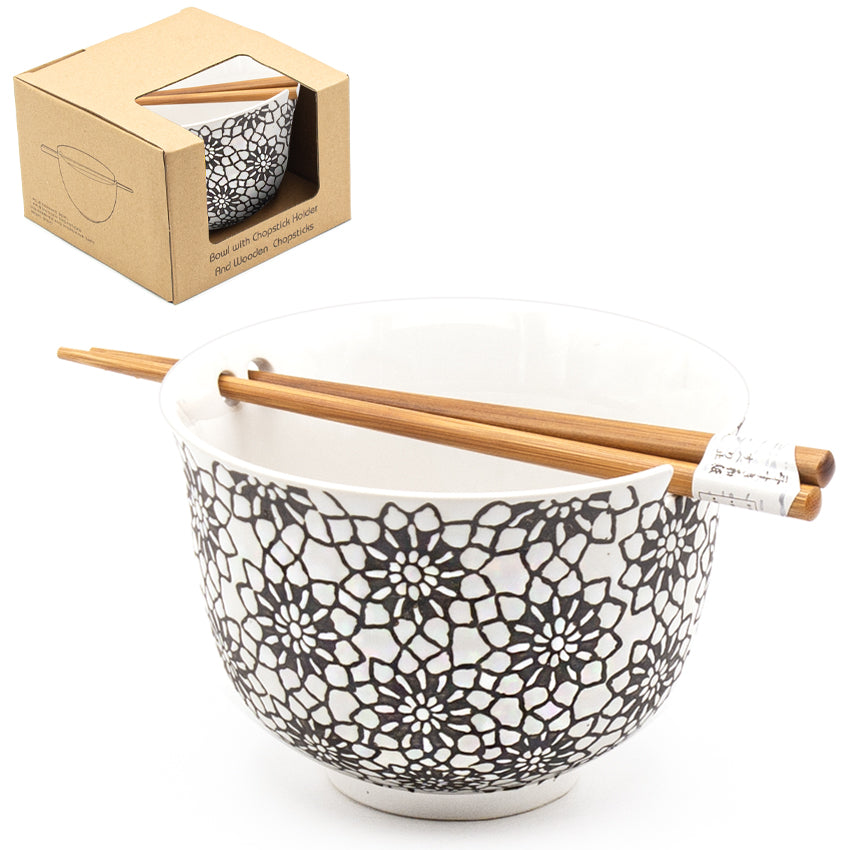Black Floral Bowl With/Chopsticks - 18fl. oz. / 5"D x 3.75"H