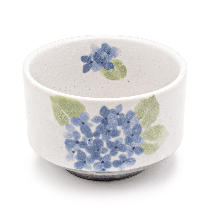 Blue-flower matcha bowl — blue flower clusters on white