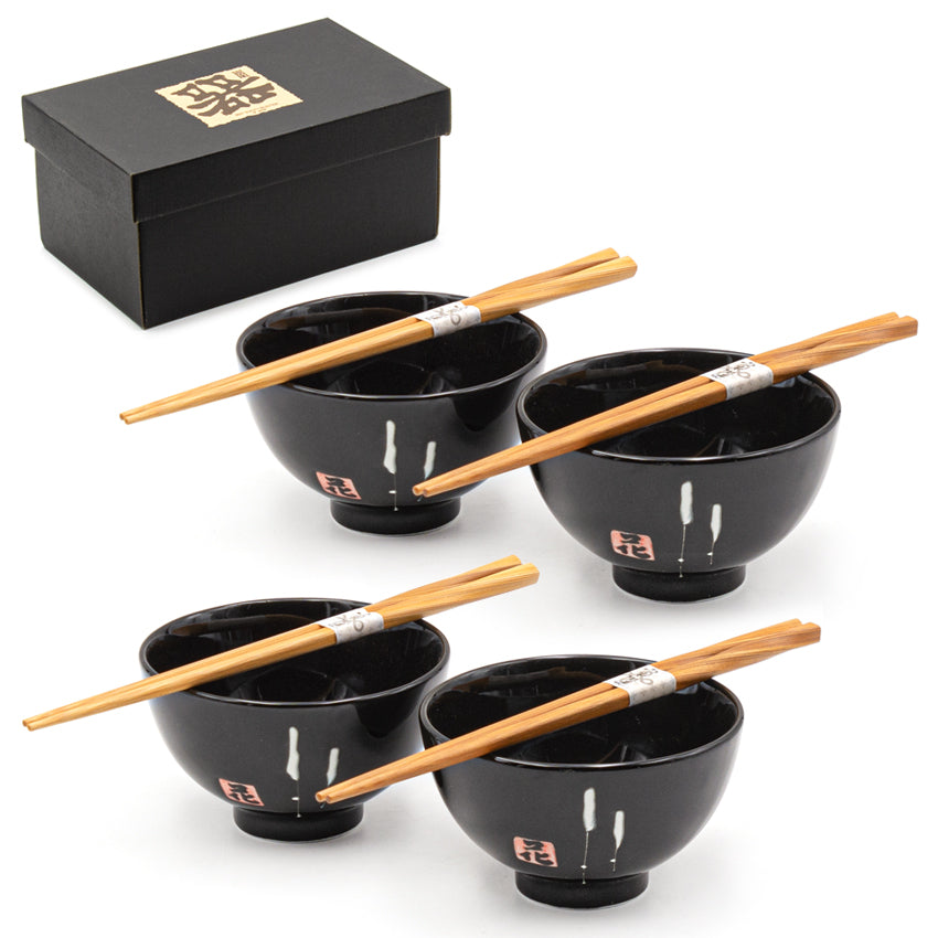 Japanese Bowl With Chopsticks 4pc Set 4:4 - Bowl : 4.25"D x 2.5"H / Chopsticks : 9"L