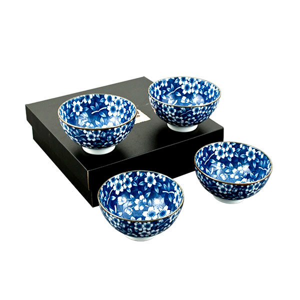 Japanese Bowl 4pc Set - 4.65"D x 2.5"H / Blue & White Cherry Blossom
