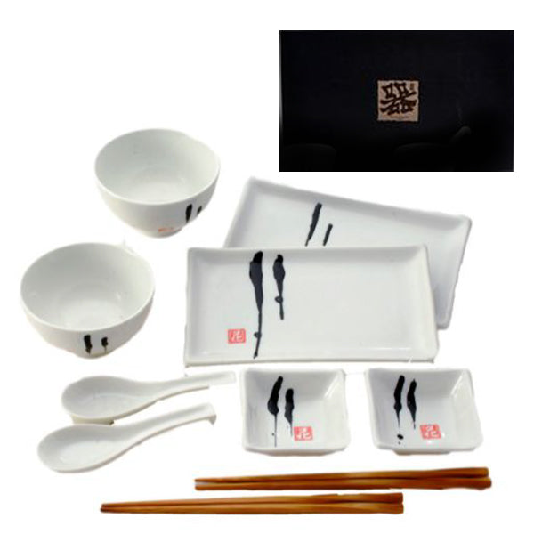 Japanese Sushi Plate Set with Sauce Bowl, Spoon, Chopsticks 2:2:2:2:2 - Bowl : 4.25"D x 2.5"H / Source Dish : 3.35"D x 1.35"H / Plate : 8.75"L x 5"W x 0.85"H / Spoon : 5.35"L / Chopsticks : 9"L