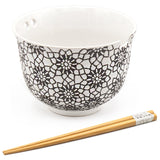 Black Floral Bowl With/Chopsticks - 18fl. oz. / 5"D x 3.75"H