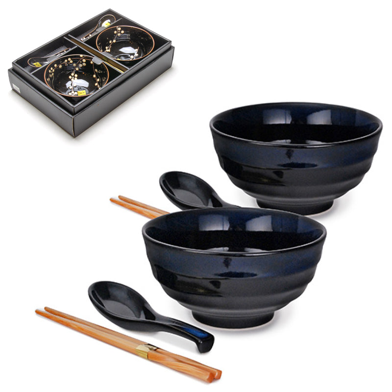 Ceramic Bowl With Chopsticks 6pc Set 2:2:2 - Bowl : 6.5"D x 3.35"H / Spoon : 5.75"L / Chopsticks : 9"L