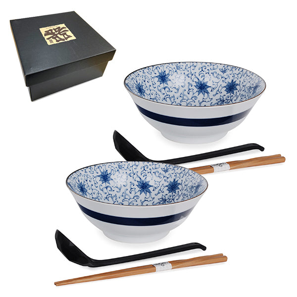Japanese Bowl With Chopsticks Ladle Set 2:2:2 - Bowl : 7.75"D x 3"H / Chopsticks : 9"L / Ladle : 8.25"L