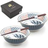 Japanese Bowl With Chopsticks Set for 2, The Great Wave off Kanagawa 8.15"D x 3.25"H /