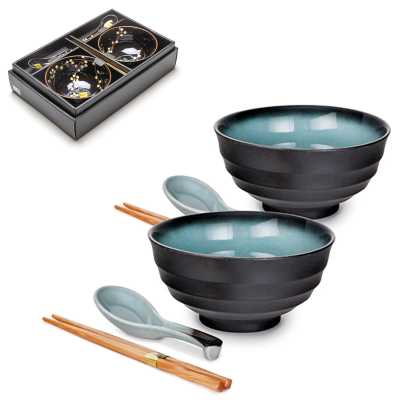 Ceramic Bowl With Chopsticks 6pc Set 2:2:2 - Bowl : 6.5"D x 3.35"H / Spoon : 5.75"L / Chopsticks : 9"L