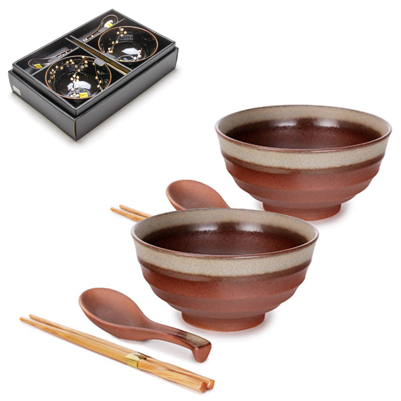 Ceramic Bowl With Chopsticks 6pc Set 2:2:2 - Bowl : 6.5"D x 3.35"H / Spoon : 5.75"L / Chopsticks : 9"L