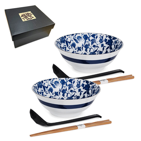Japanese Bowl With Chopsticks Ladle Set 2:2:2 - Bowl : 7.75"D x 3"H / Chopsticks : 9"L / Ladle : 8.25"L