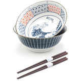 Japanese Bowl With Chopsticks Set for 2, The Great Wave off Kanagawa 8.15"D x 3.25"H /