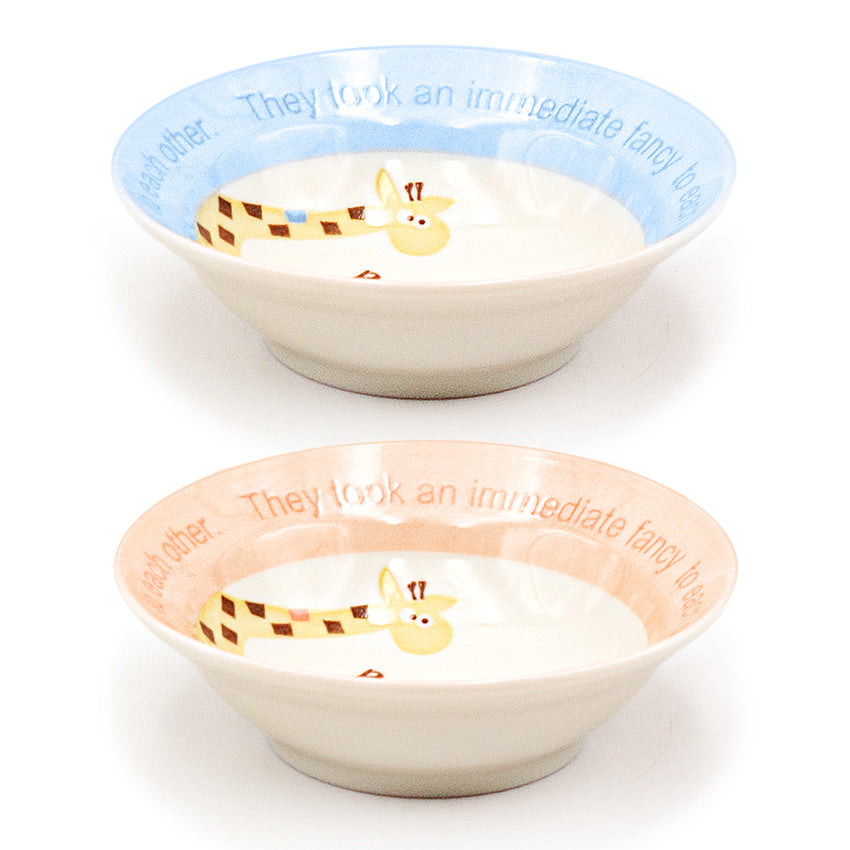 Japanese Kids Bowl Set Giraffe, Elephant, Blue & Pink - 4.5"D x 1.25"H