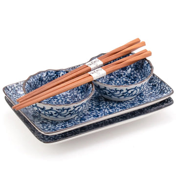 Japanese Bowl Plate Dish With Chopsticks 8pc Set 2:2:2:2 - Bowl : 4.65"D x 2.5"H / Dish : 3.65"D x 1.35"H / Plate : 8"L x 5.25"W x 1"H / Chopsticks : 9"L