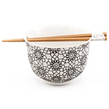 Black Floral Bowl With/Chopsticks - 18fl. oz. / 5"D x 3.75"H