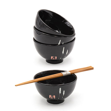 Japanese Bowl With Chopsticks 4pc Set 4:4 - Bowl : 4.25"D x 2.5"H / Chopsticks : 9"L