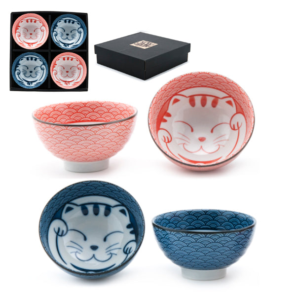 Japanese Bowl 4pc Set - 4.65"D x 2.5"H / Lucky Cat
