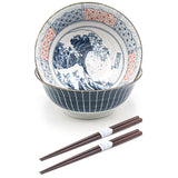 Japanese Bowl With Chopsticks Set for 2, The Great Wave off Kanagawa 8.15"D x 3.25"H /