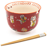 Lucky Cat Bowl With Chopsticks, Red - 18fl. oz. / 5"D x 3.75"H