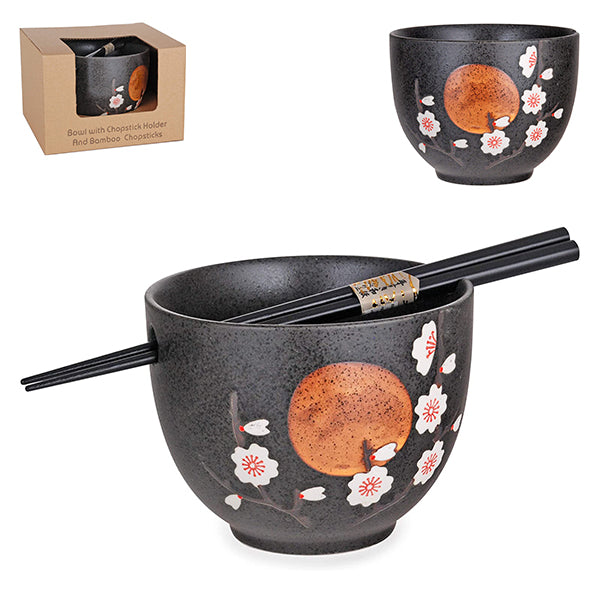 BOWL W/CHOPSTICK 5"D x 3.75"H Moon Cherry