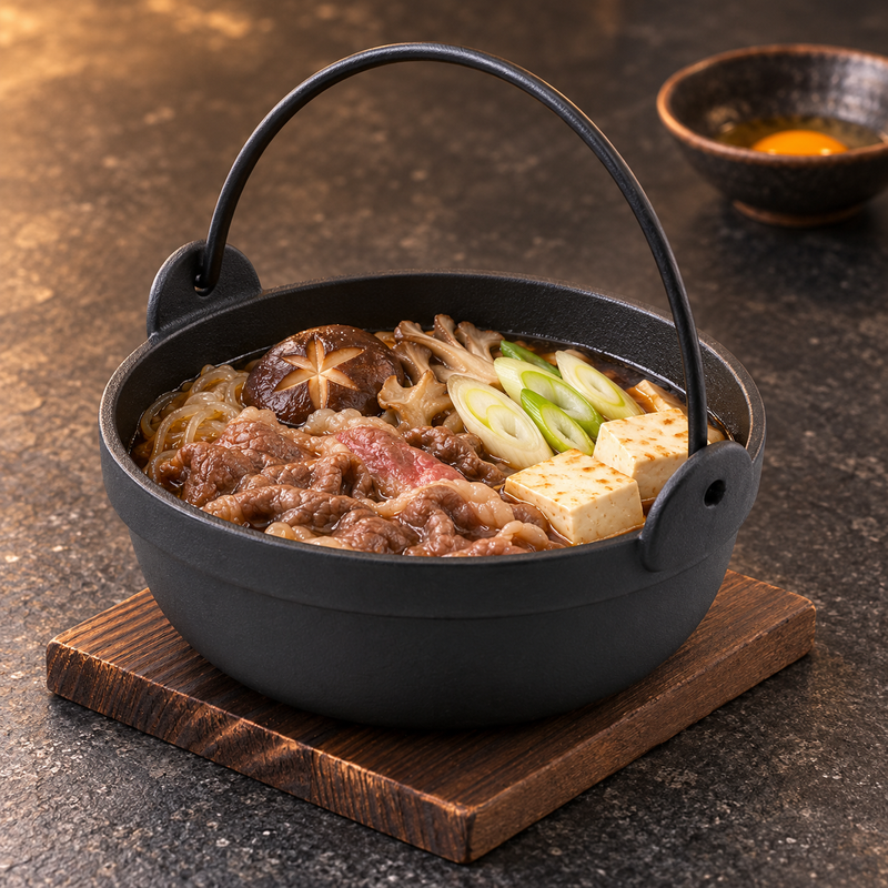 8.5-inch iron nabe pot with sukiyaki on its wood base