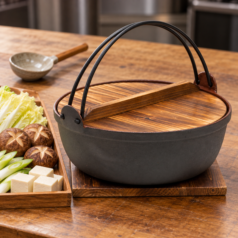9.5-inch iron nabe pot with wood lid beside portioned vegetables