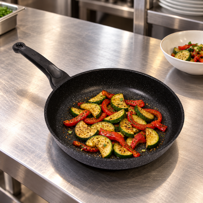 12.5" Durastone Marble Cast Aluminum Frying Pan — Black marble finish
