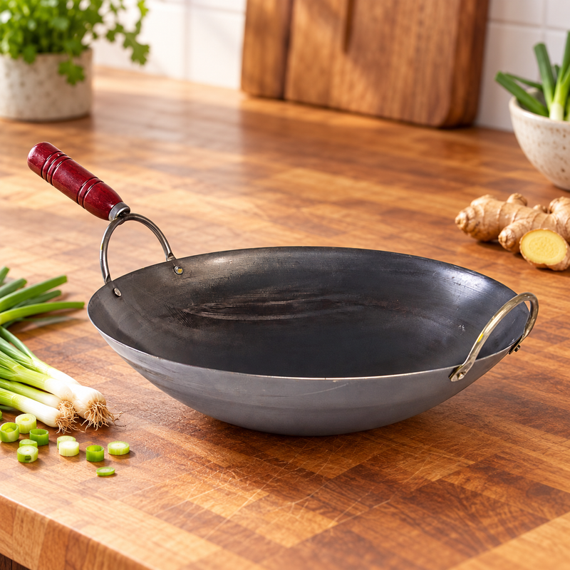 14" Cast Iron Wok with Wood Handle — Two different handle forms