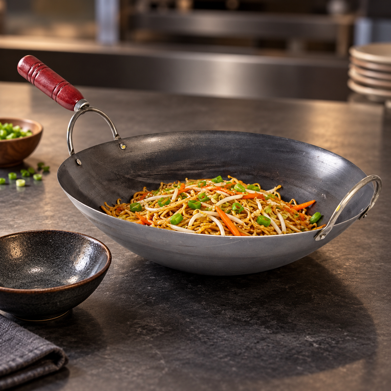 14" Cast Iron Wok with Wood Handle — A wood-handled alternative