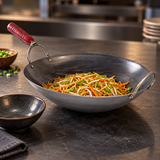 14" Cast Iron Wok with Wood Handle with a finished food preparation on a restaurant counter
