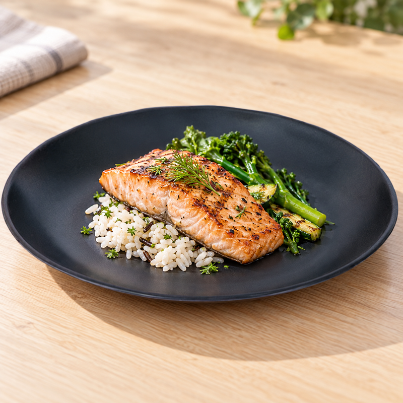 IT-Y7010B black round melamine plate with salmon, rice and vegetables