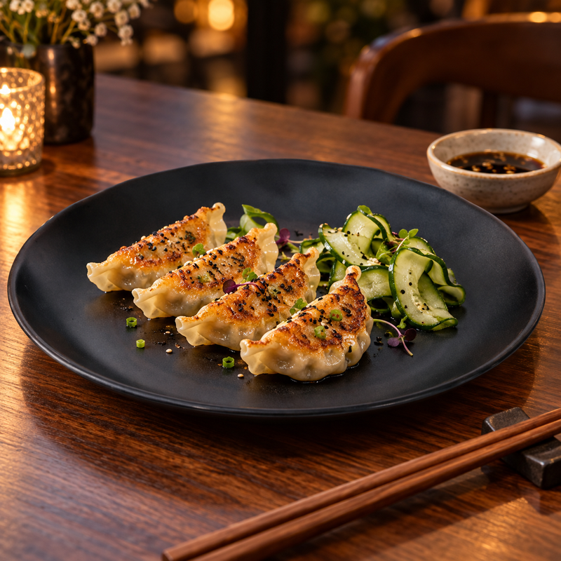 IT-Y7010B black round melamine plate with gyoza and cucumber
