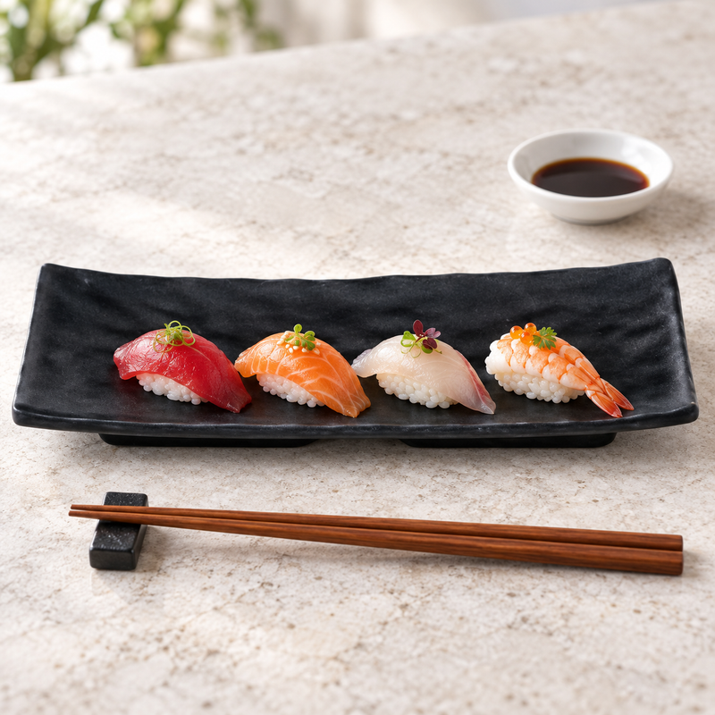IT-Y8019-1B black rectangular melamine plate with four nigiri