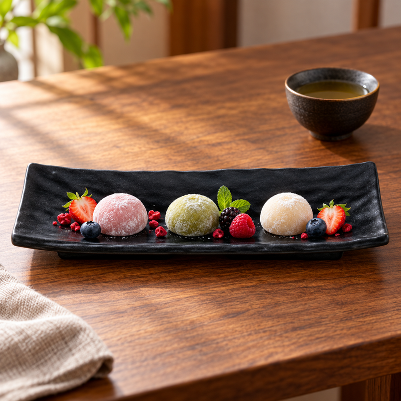 IT-Y8019-1B black rectangular melamine plate with mochi and berries