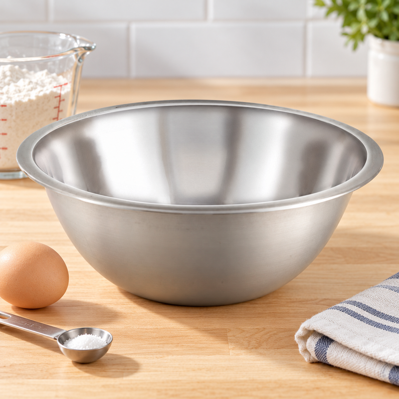 Empty MXB-150Q mixing bowl beside separate measured ingredients and spoon.