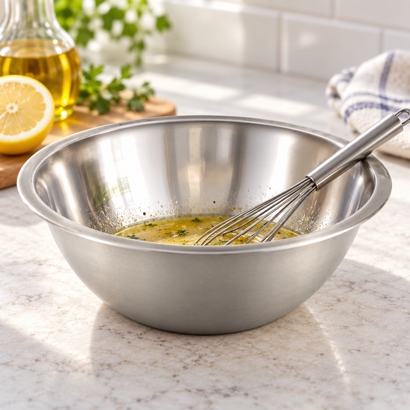 Vinaigrette in MXB-150Q stainless mixing bowl with a separate whisk.